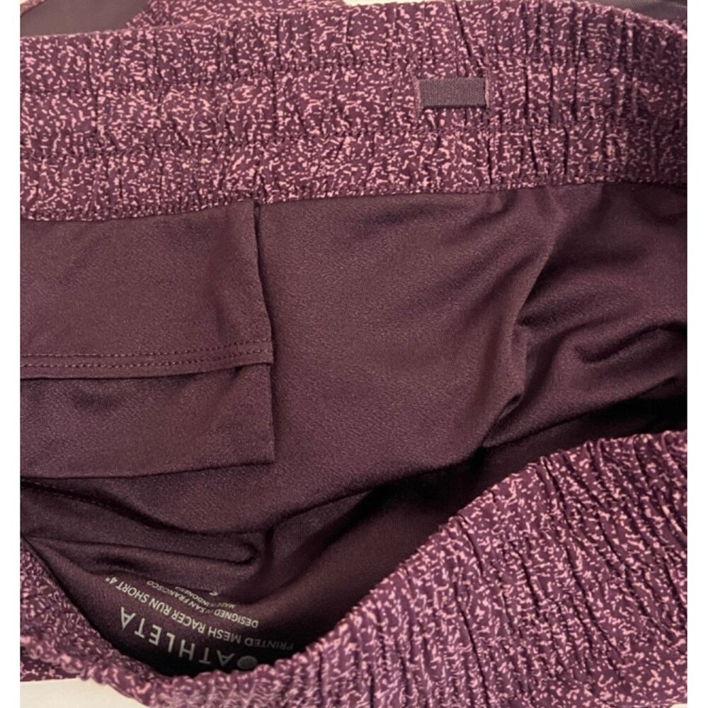 ATHLETA Purple Violet Static Printed Mesh Racer Run Shorts 4" Zip Pocket Small - Picture 7 of 11